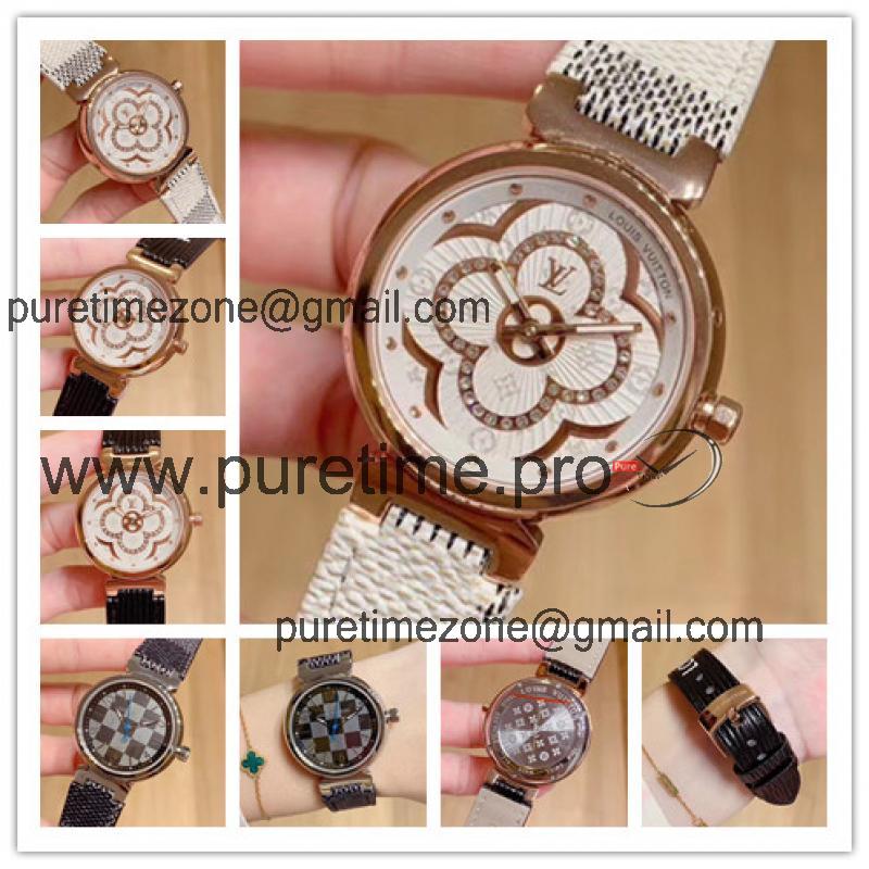 Replica Tambour Moon Swiss Quartz Movement Womens Watch Monogram Dial Leather Strap F01