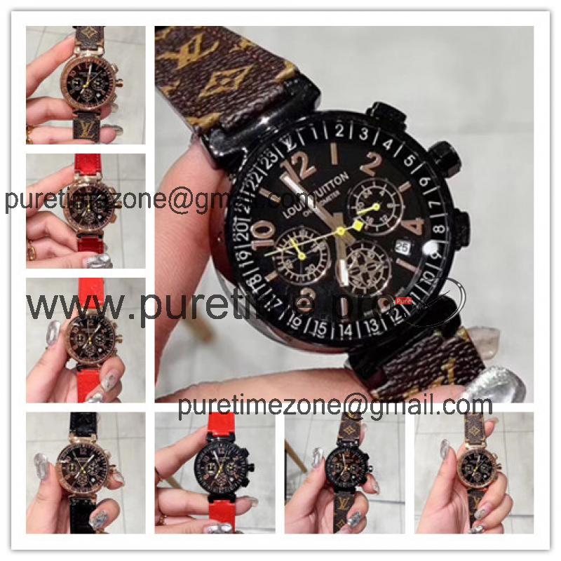 Replica Tambour Moon Japan Quartz Chronograph Movement Womens Watch Black Dial Leather Strap F03