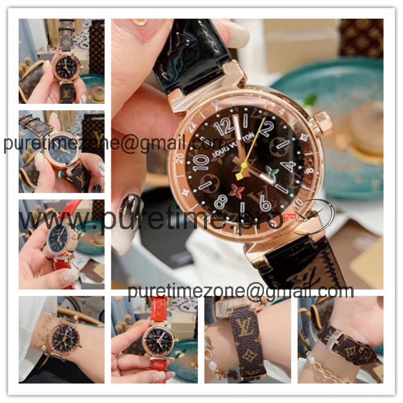 Replica Tambour Moon Swiss Quanrtz Movement Womens Watch Black Dial Leather Strap F05