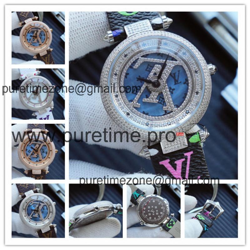 Replica Tambour Moon Swiss Quanrtz Movement Womens/Mens Watch Blue Dial Diamonds Case Leather Strap F08