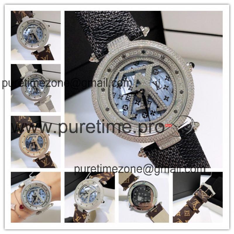 Replica Tambour Moon Swiss Quanrtz Movement Mens Watch Blue Dial Diamonds Case Leather Strap F09