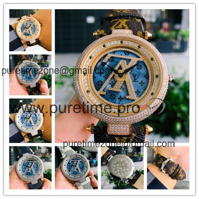 Replica Tambour Moon Swiss Quanrtz Movement Mens Watch Blue Dial Diamonds Case Leather Strap F10