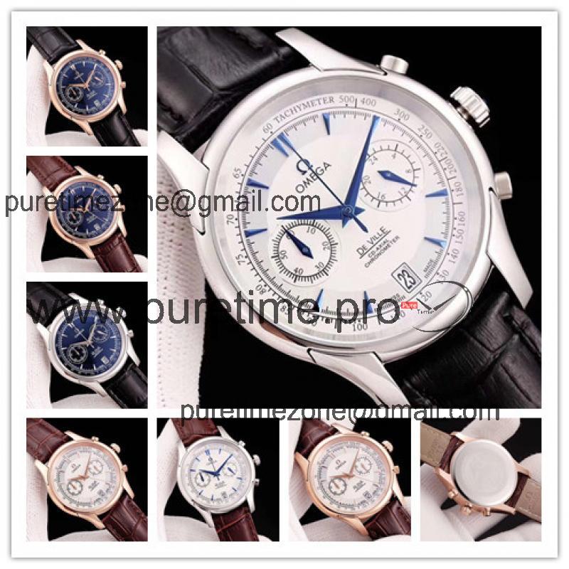 Replica De Ville Japan VK Quartz Chronograph Movement Mens Watch White Dial Leather Strap E06