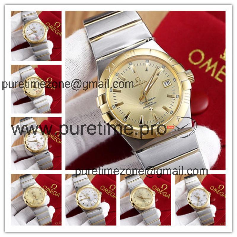 Replica Constellation Japan Miyota 8215 Automatic Mens Watch Gold Dial Two Tone Yellow Gold B E15