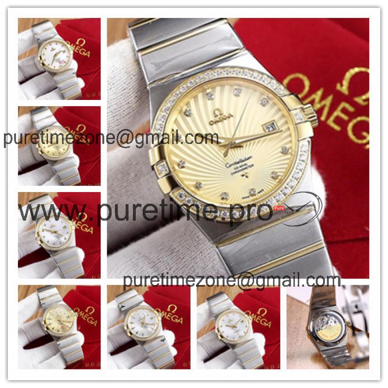 Replica Constellation Japan Miyota 8215 Automatic Mens Watch Gold Dial Diamonds Case Two Tone Yellow Gold C E15