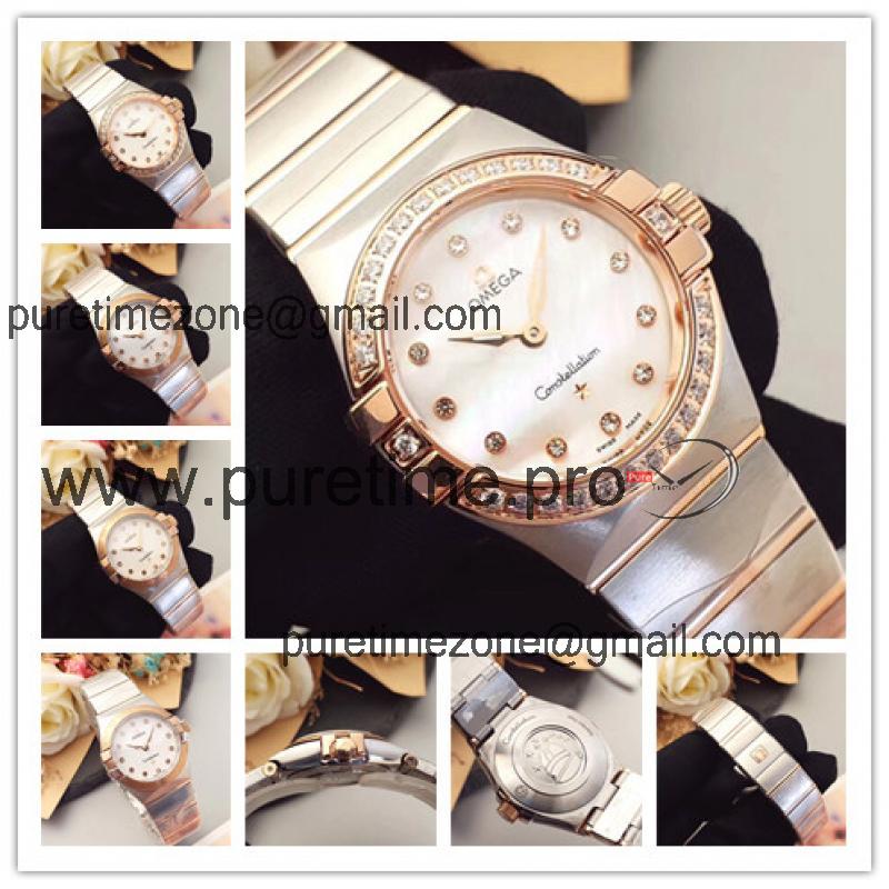 Replica Constellation Swiss Quartz Movement Womens Watch Silver Dial Diamonds Case Two Tone Rose Gold A E24