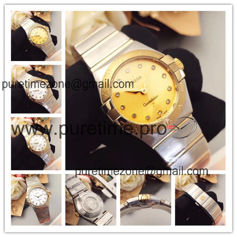 Replica Constellation Swiss Quartz Movement Womens Watch Gold Dial Two Tone Yellow Gold B E24