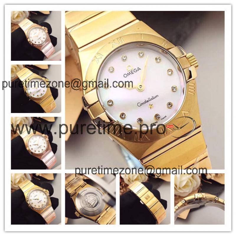 Replica Constellation Swiss Quartz Movement Womens Watch White Dial Yellow Gold C E24