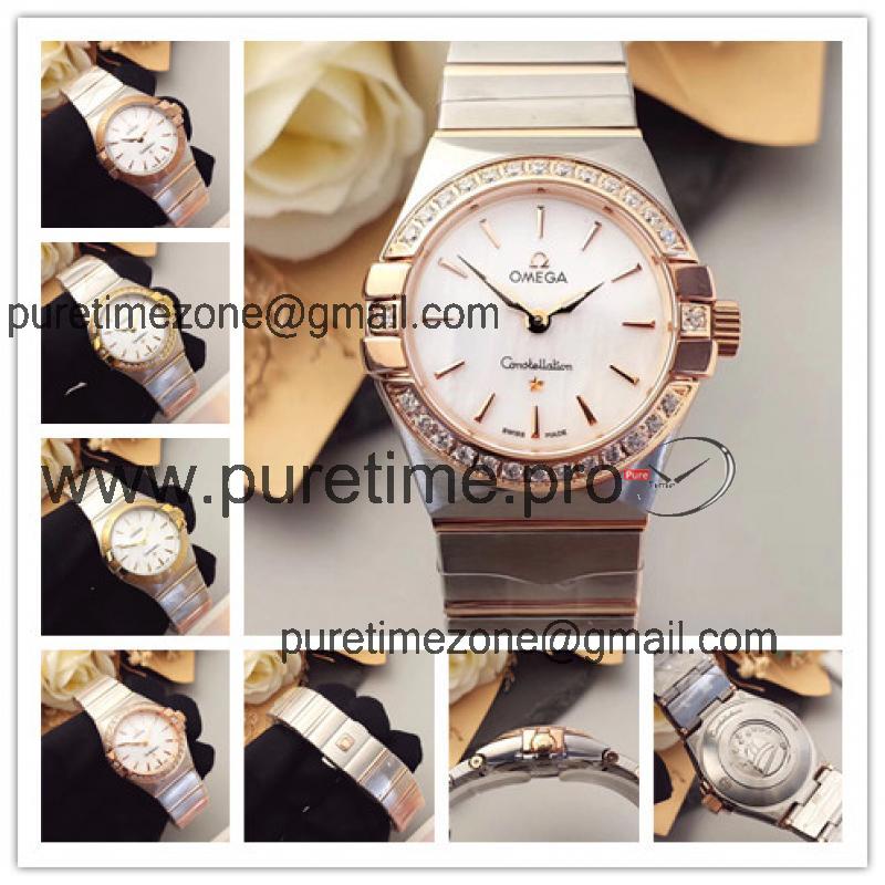 Replica Constellation Swiss Quartz Movement Womens Watch White Dial Diamonds Case Two Tone Rose Gold D E24