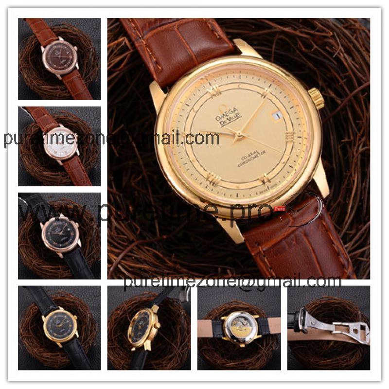 Replica De Ville A21j Automatic Movement Mens Watch Gold Dial Leather Strap B E28