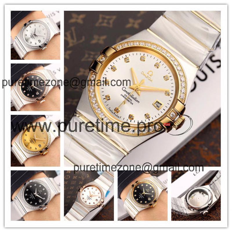 Replica Constellation A21j Automatic Mens Watch White Dial Diamonds Case Two Tone Yellow Gold A E62