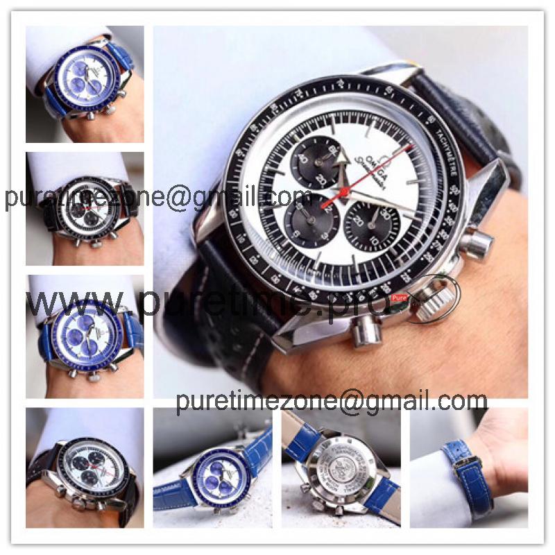 Replica Speedmaster Japan OS Quartz Chronograph Movement Mens Watch White Dial Leather Strap E67