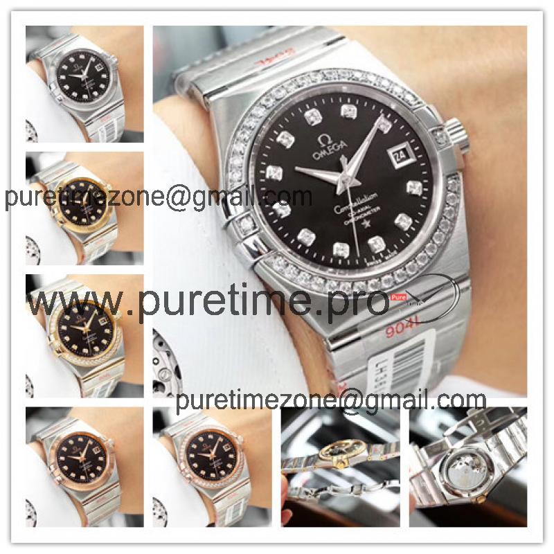 Replica Constellation Japan Miyota 821A Automatic Movement Mens Watch Black Dial Diamonds Case Stainless Steel A E74