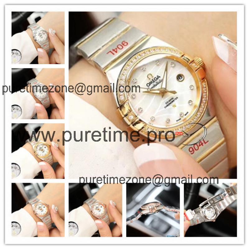 Replica Constellation NH05 Automatic Movement Womens Watch Silver Dial Diamonds Case Two Tone Yellow Gold B E74