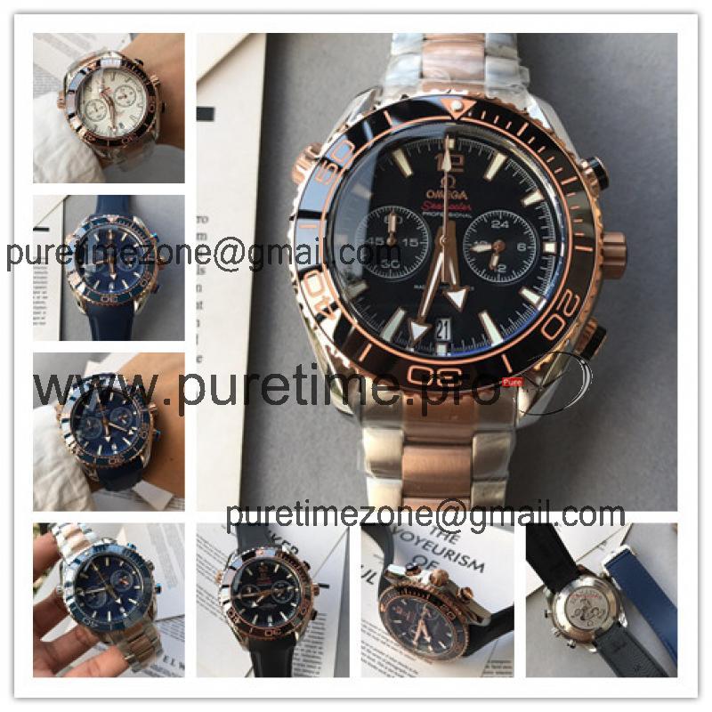 Replica Seamaster Japan Quartz Chronograph Movement Mens Watch Blcak Dial Two Tone Rose Gold C E94