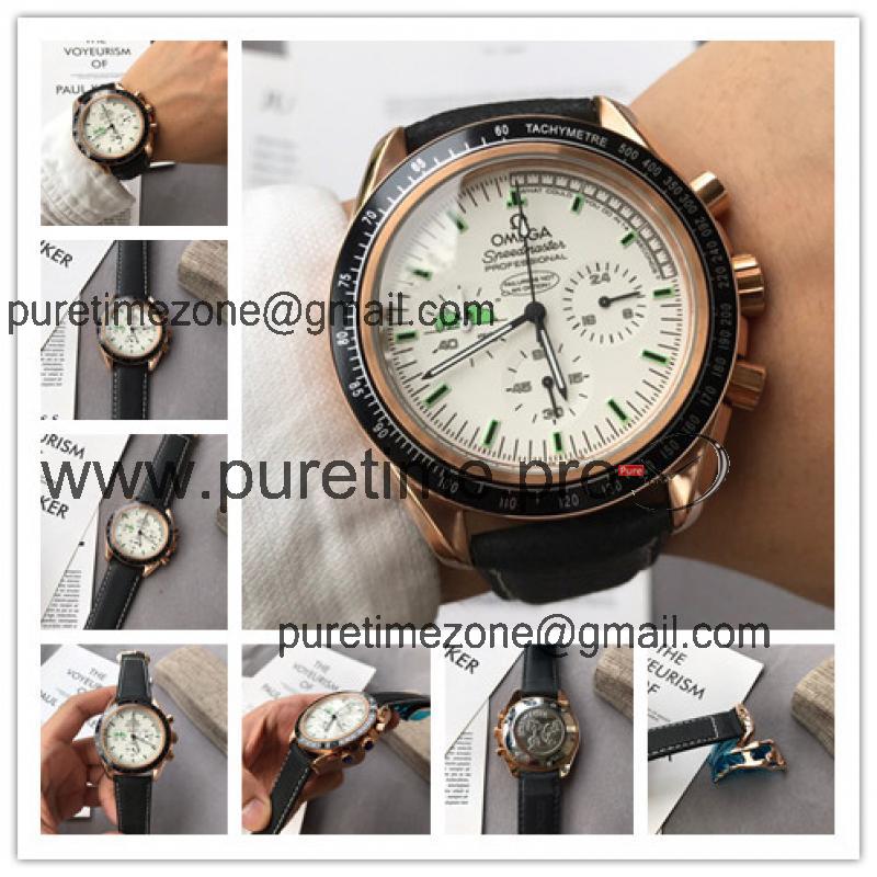 Replica Speedmaster Japan Quartz Chronograph Movement Mens Watch White Dial Leather Strap E99