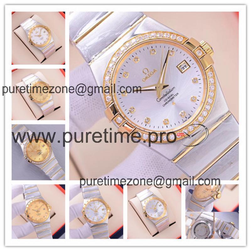 Replica Constellation A21j Automatic Movement Mens Watch Silver Dial Diamonds Case Two Tone Yellow Gold A E112