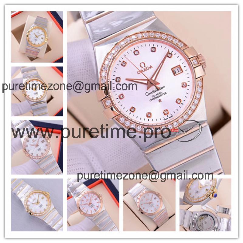 Replica Constellation A21j Automatic Movement Mens Watch White Dial Diamonds Case Two Tone Rose Gold B E112