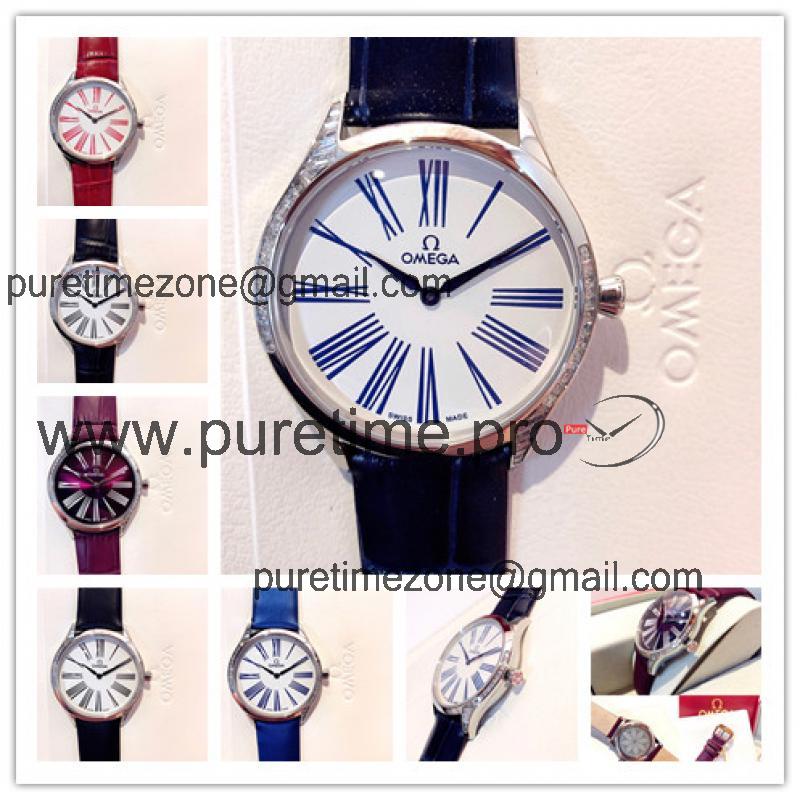 Replica De Ville Swiss Quartz Movement Womens Watch White Dial Diamonds Case Leather Strap B E132