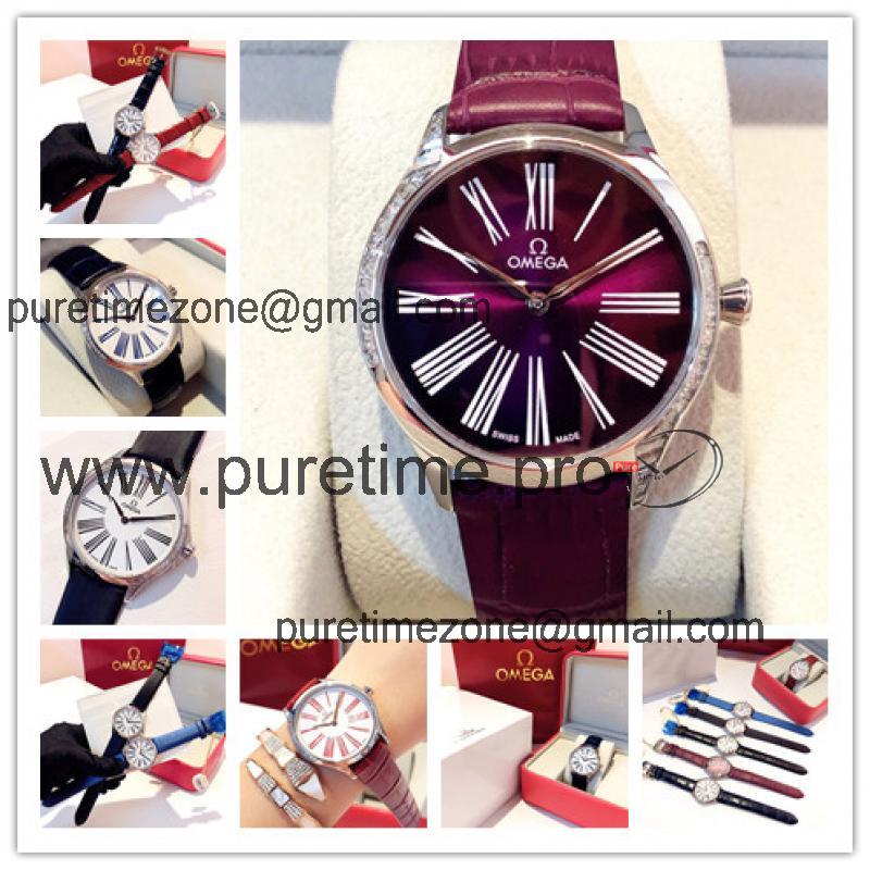 Replica De Ville Swiss Quartz Movement Womens Watch Purple Dial Diamonds Case Leather Strap C E132