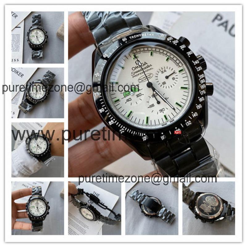 Replica Speedmaster Japan Quartz Chronograph Movement Mens Watch White Dial PVD Steel E161