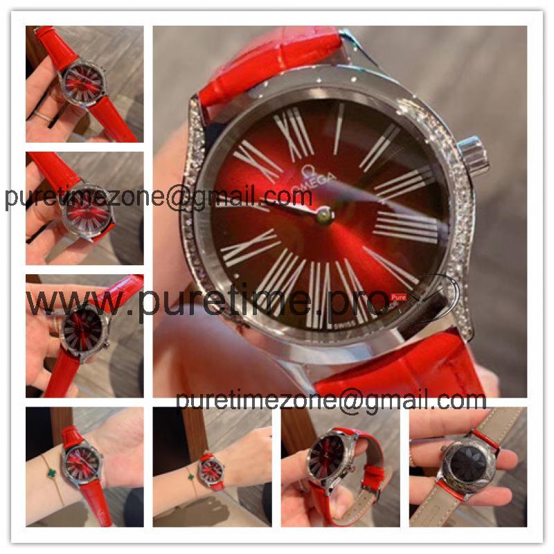 Replica De Ville Swiss Quartz Movement Womens Watch Red Dial Diamonds Case Leather Strap E162