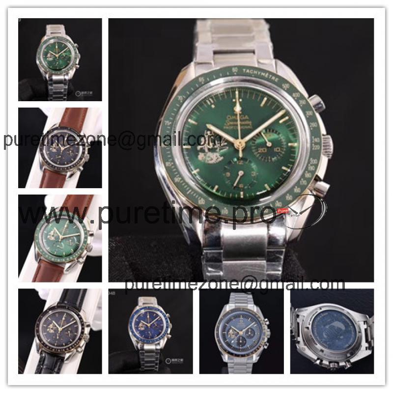 Replica Speedmaster Japan VK Quartz Chronograph Movement Mens Watch Green Dial Stainless Steel A E174