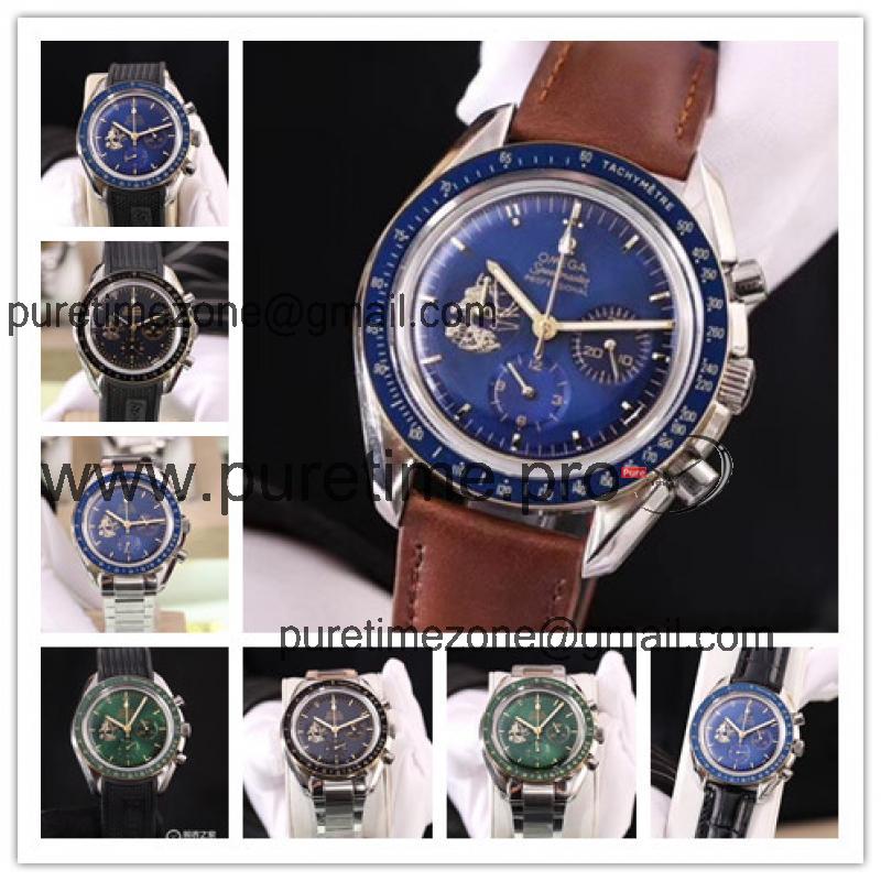 Replica Speedmaster Japan VK Quartz Chronograph Movement Mens Watch Blue Dial Leather Strap B E174