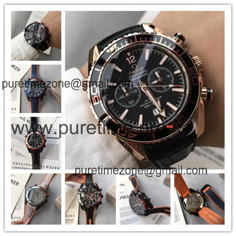 Replica Seamaster Japan Quartz Chronograph Movement Mens Watch Black Dial Leather Strap B E181