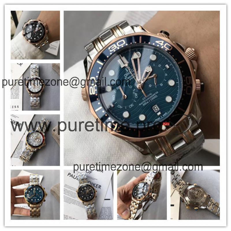 Replica Seamaster Japan Quartz Chronograph Movement Mens Watch Blue Dial Two Tone Rose Gold B E182