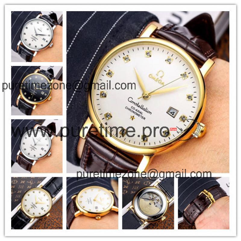 Replica Constellation A21j Automatic Movement Mens Watch White Dial Leather Strap A E199