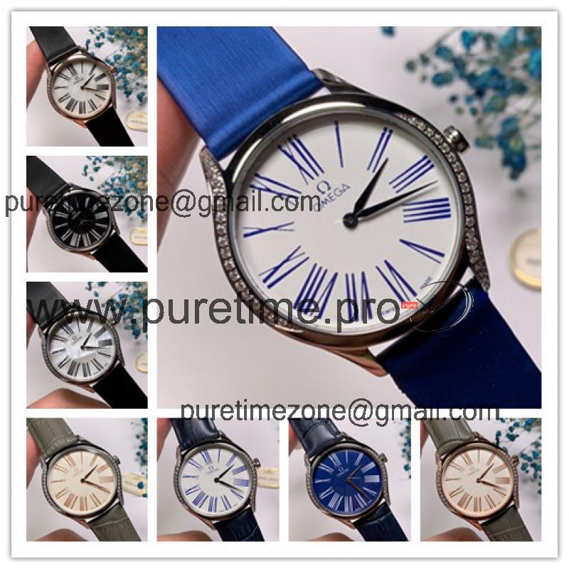 Replica De Ville Swiss Quartz Movement Womens Watch White Dial Diamonds Case Leather Strap E204