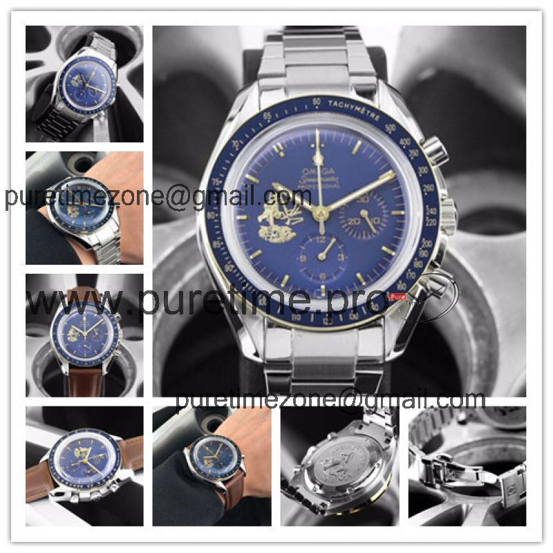 Replica Speedmaster Japan VK Quartz Chronograph Movement Mens Watch Blue Dial Stainless Steel E206