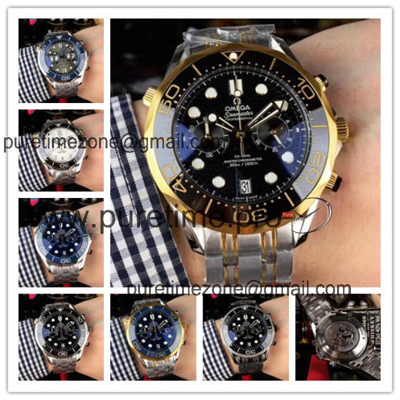 Replica Seamaster Japan VK Quartz Chronograph Movement Mens Watch Black Dial Two Tone Yellow Gold E258