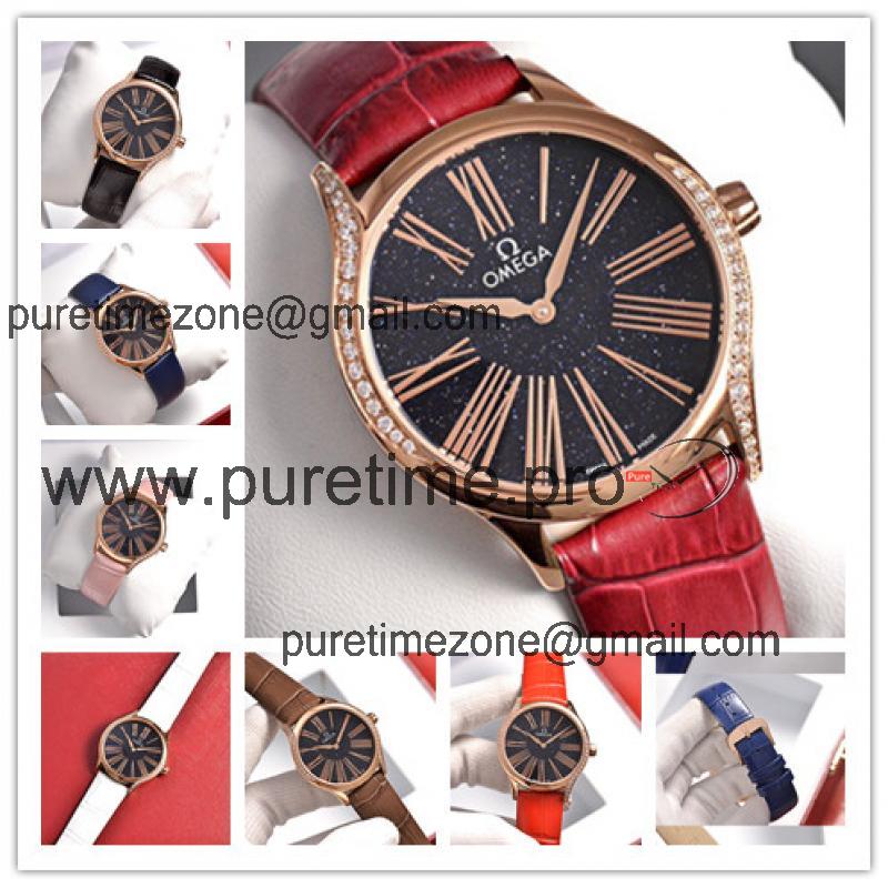 Replica De Ville Swiss Quartz Movement Womens Watch Starry Sky Dial Diamonds Case Leather Strap E269