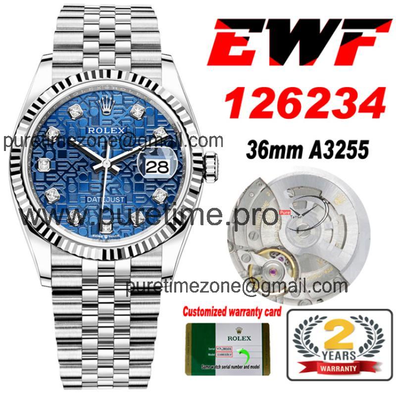 EWF Datejust 36 126234 A3235 Automatic Unisex Watch Fluted Blue Logo Diamonds 904L SS Jubilee Bracelet Best Edition