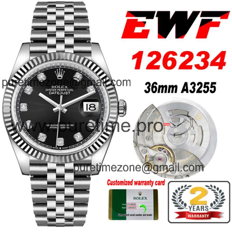 EWF Datejust 36 126234 A3235 Automatic Unisex Watch Fluted Bezel Black Diamonds 904L SS Jubilee Bracelet Best Edition