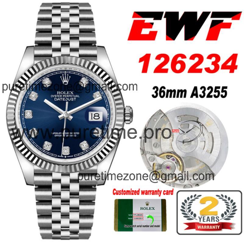 EWF Datejust 36 126234 A3235 Automatic Unisex Watch Fluted Bezel Blue Diamonds 904L SS Jubilee Bracelet Best Edition