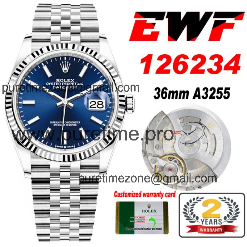 EWF Datejust 36 126234 A3235 Automatic Unisex Watch Fluted Bezel Blue Stick 904L SS Jubilee Bracelet Best Edition