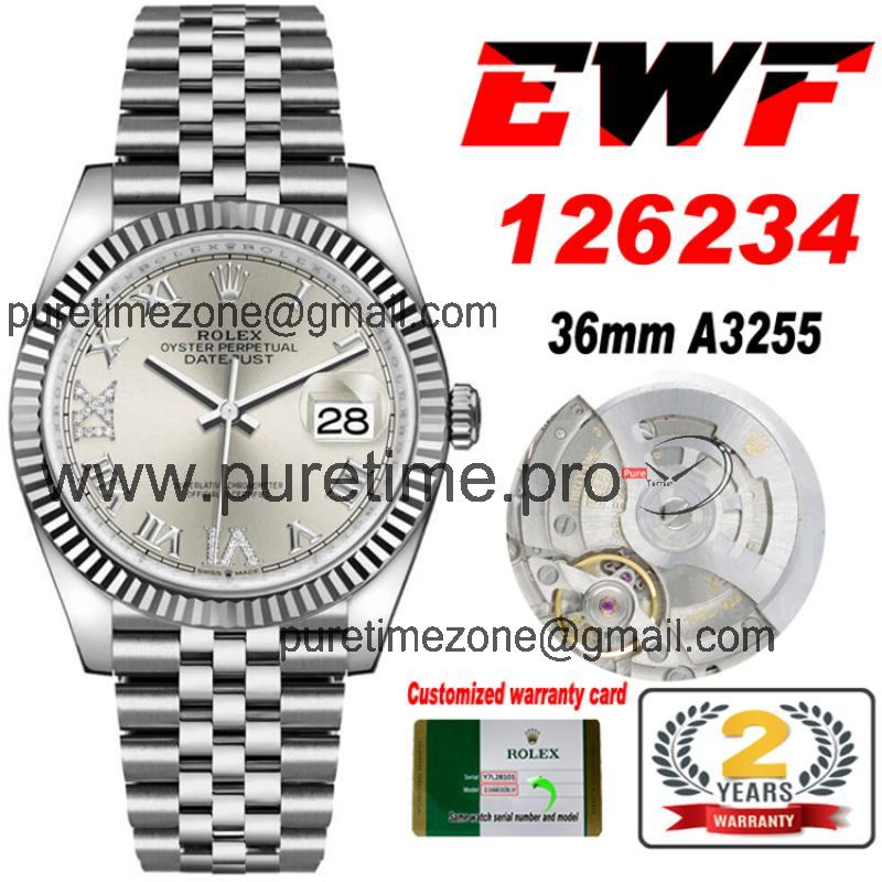 EWF Datejust 36 126234 A3235 Automatic Unisex Watch Fluted Silver Roman Diamond 904L SS Jubilee Bracelet Best Edition