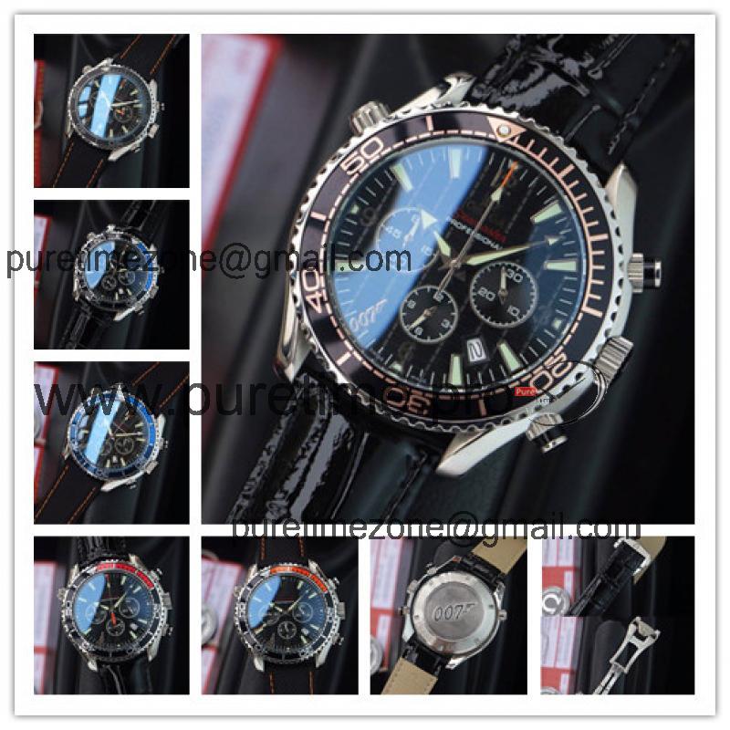 Replica Seamaster Japan OS Quartz Chronograph Movement Mens Watch Black Dial Leather Strap E285