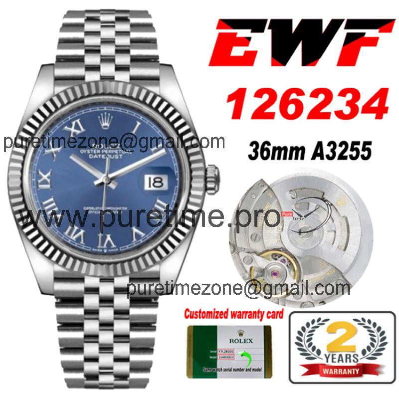 EWF Datejust 36 126234 A3235 Automatic Unisex Watch Fluted Blue Dial Silver Roman 904L SS Jubilee Bracelet Best Edition