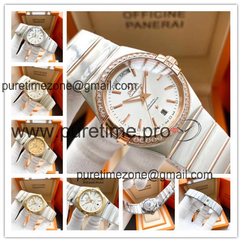 Replica Constellation A21j Automatic Movement Mens Watch White Dial Diamonds Case Two Tone Rose Gold B E355