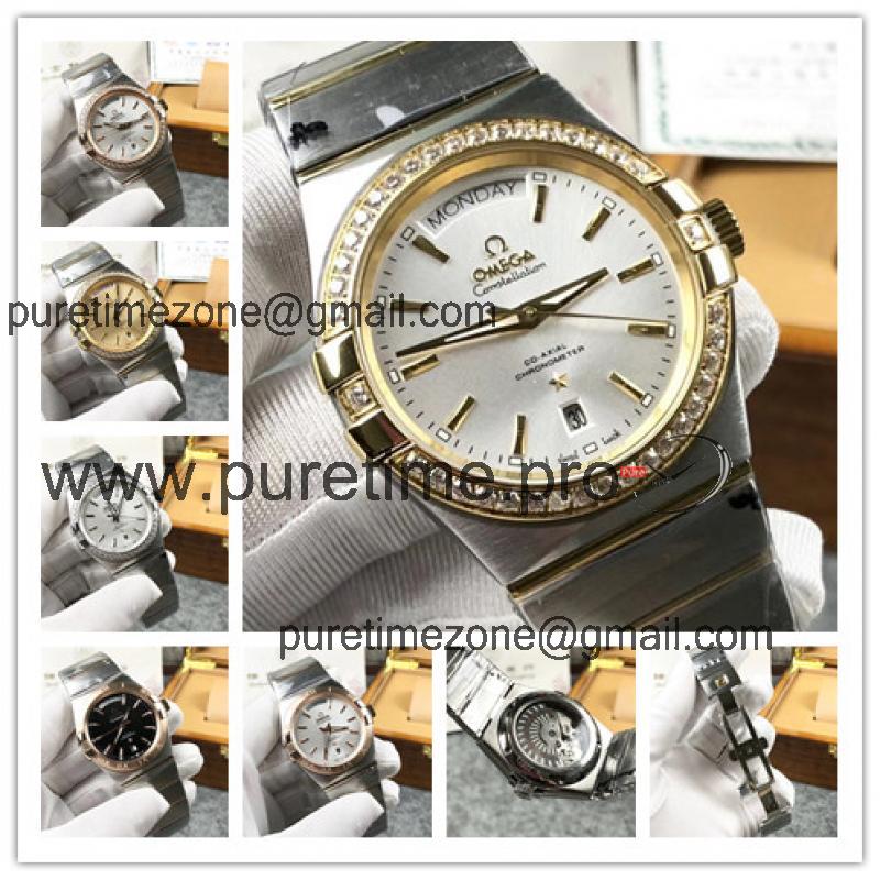 Replica Constellation A21j Automatic Movement Mens Watch Silver Dial Diamonds Case Two Tone Yellow Gold A E356