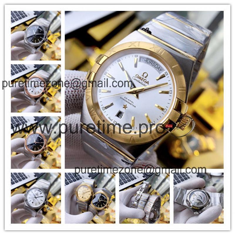 Replica Constellation A21j Automatic Movement Mens Watch Silver Dial Two Tone Yellow Gold A E369