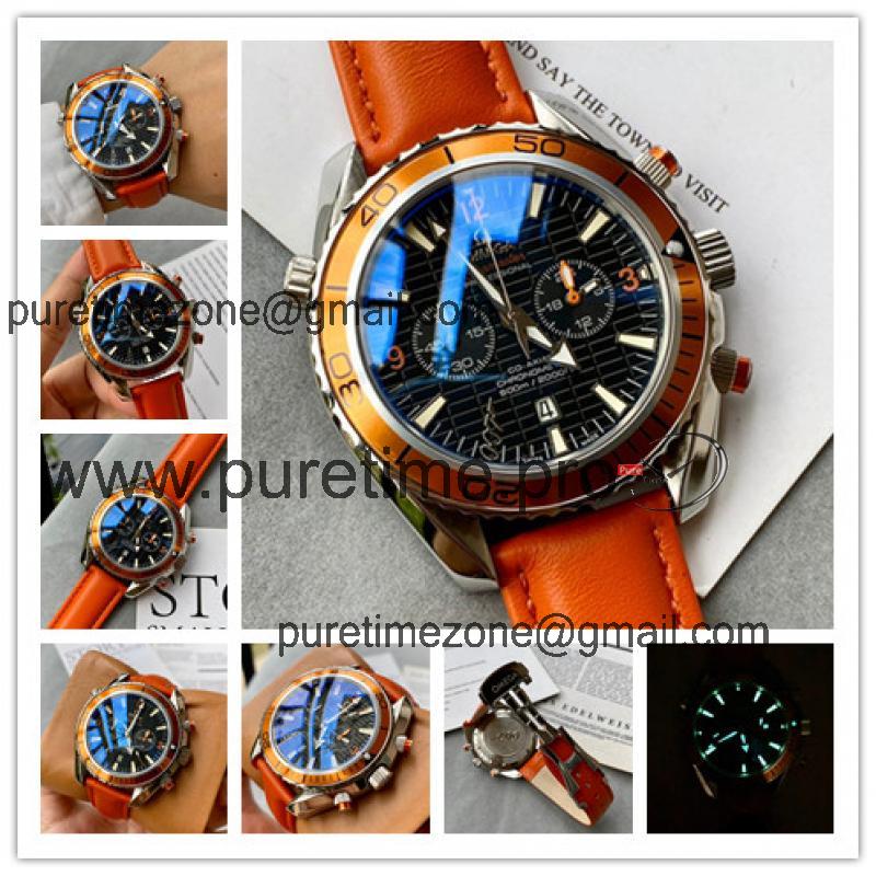 Replica Seamaster Japan Quartz Chronograph Movement Mens Watch Black Dial Leather Strap E371