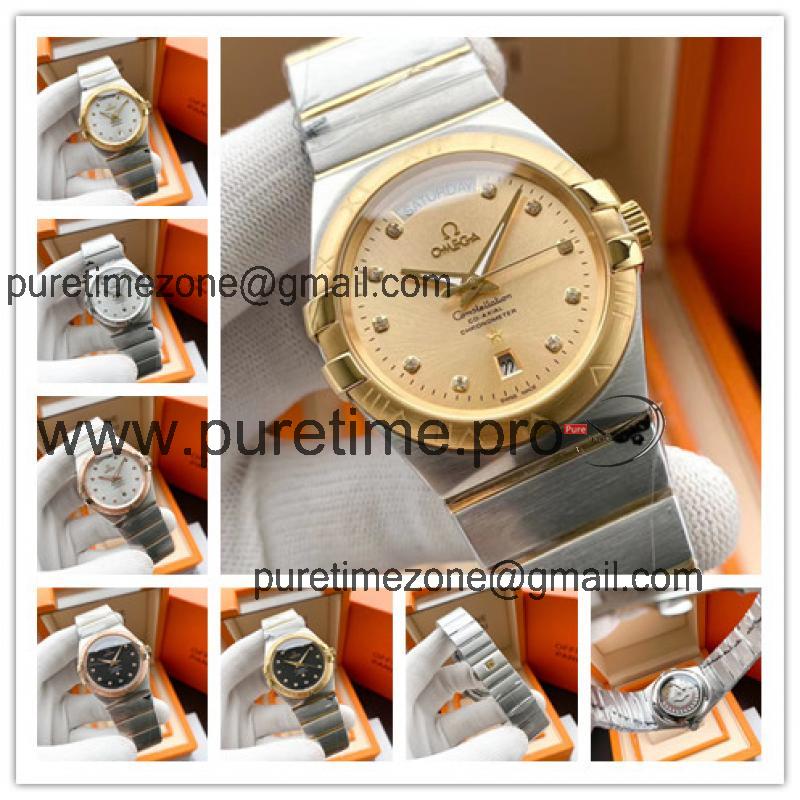 Replica Constellation A21j Automatic Movement Mens Watch Gold Dial Two Tone Yellow Gold A E373