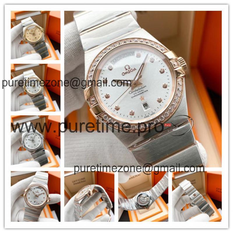 Replica Constellation A21j Automatic Movement Mens Watch Silver Dial Diamonds Case Two Tone Rose Gold B E373