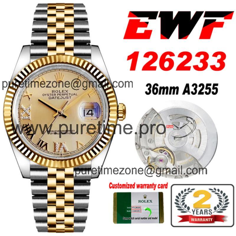 EWF Datejust 36 126233 A3235 Automatic Unisex Watch Two Tone YG Champagne Roman Diamond 904L Jubilee Best Edition