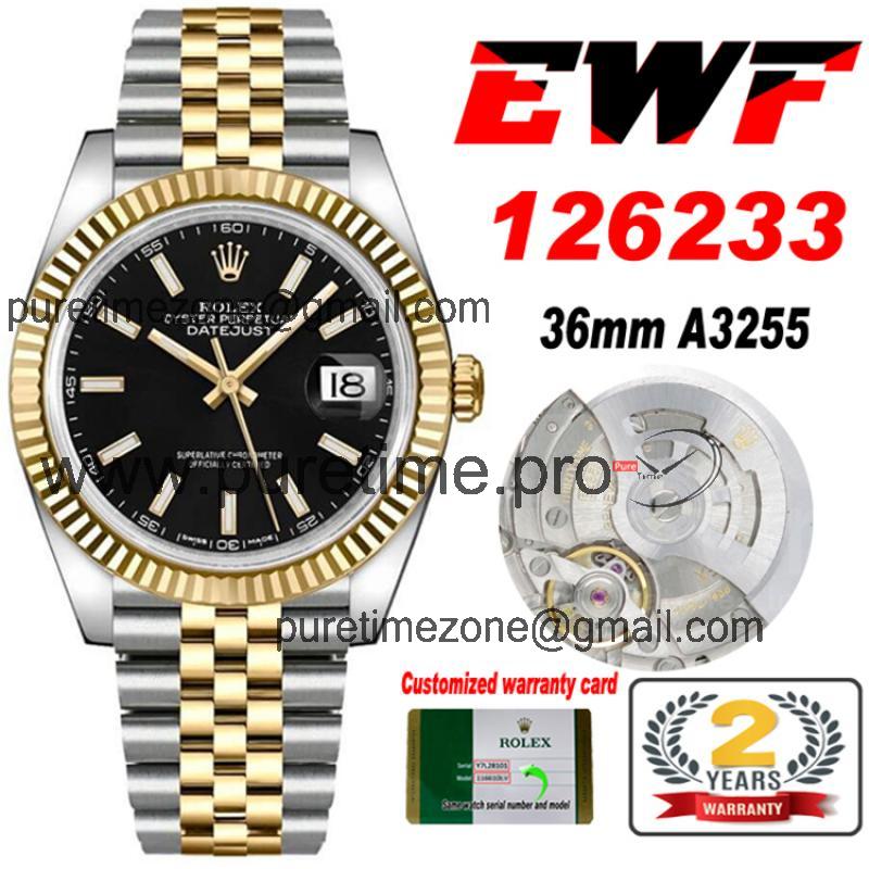 EWF Datejust 36 126233 A3235 Automatic Unisex Watch Two Tone YG Black Stick Dial 904L Jubilee Bracelet Best Edition